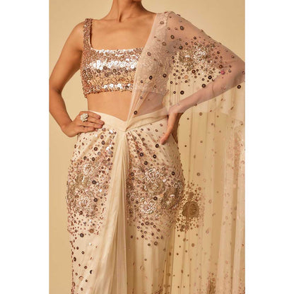 Masumi Mewawalla Beige Sequin Embroidered Pre Draped Saree and Stitched Blouse