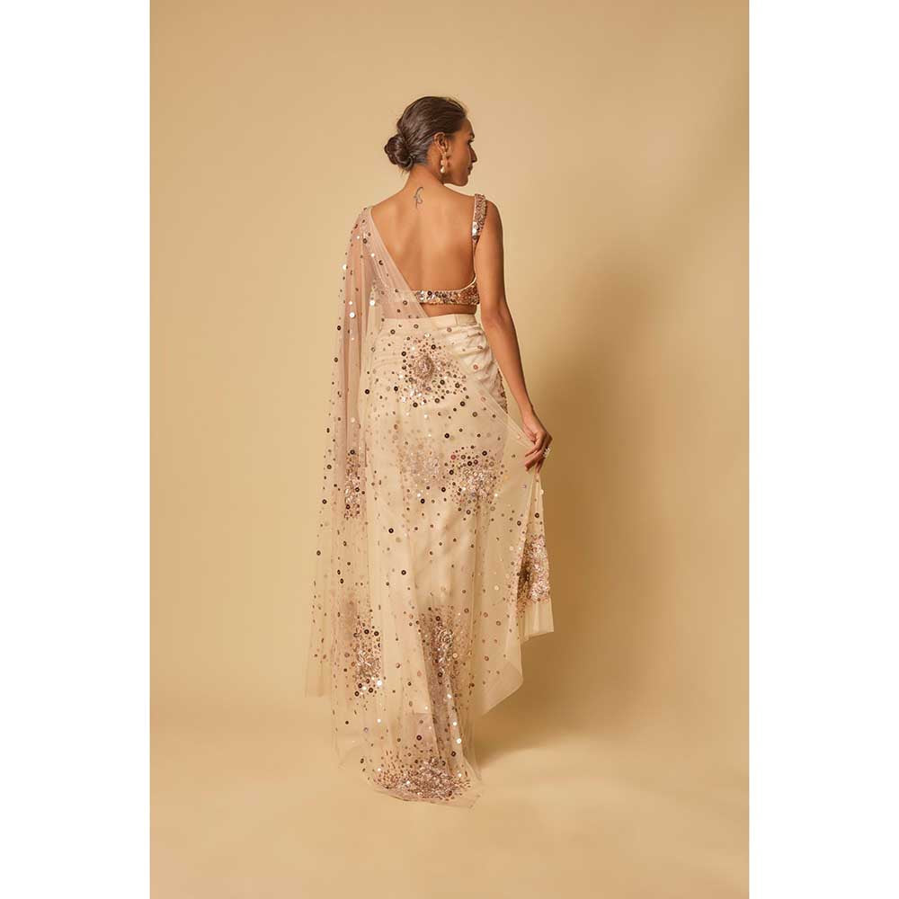 Masumi Mewawalla Beige Sequin Embroidered Pre Draped Saree and Stitched Blouse