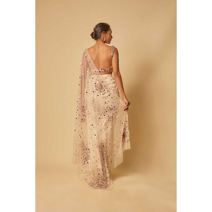 Masumi Mewawalla Beige Sequin Embroidered Pre Draped Saree and Stitched Blouse