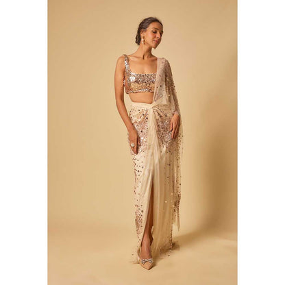 Masumi Mewawalla Beige Sequin Embroidered Pre Draped Saree and Stitched Blouse