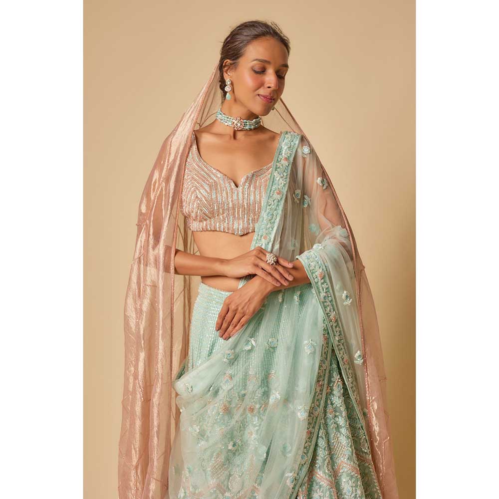Masumi Mewawalla Embroidered Lehenga with Stitched Blouse and Two Dupatta (Set of 4)