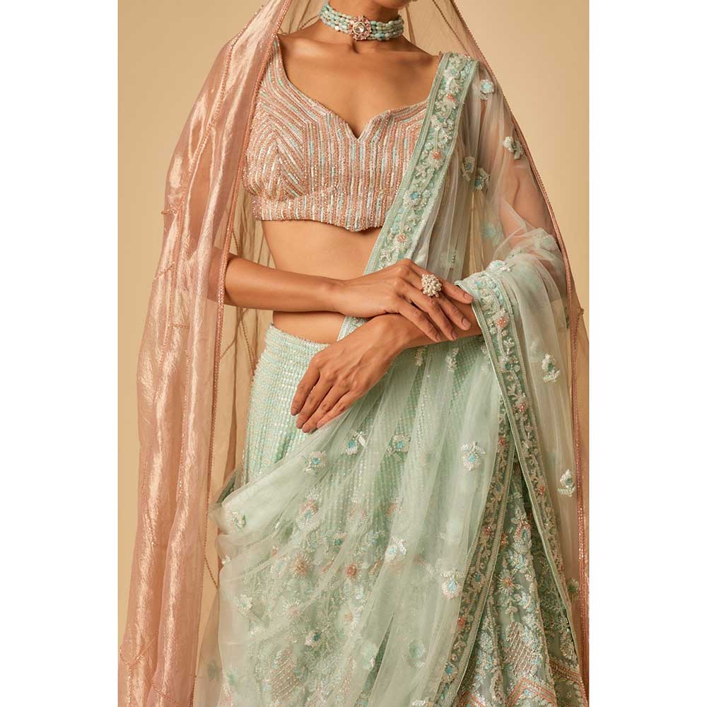 Masumi Mewawalla Embroidered Lehenga with Stitched Blouse and Two Dupatta (Set of 4)