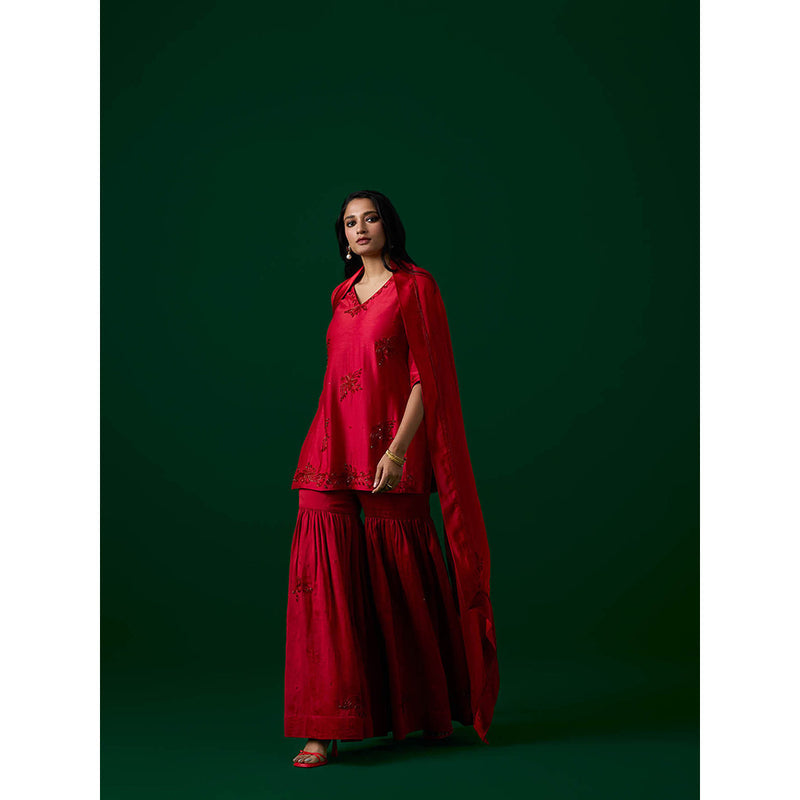 MEESA Red Hand Embroidered Chanderi Silk Kurta with Sharara with Organza Dupatta (Set of 3)