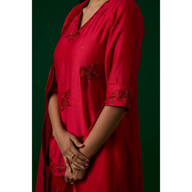 MEESA Red Hand Embroidered Chanderi Silk Kurta with Sharara with Organza Dupatta (Set of 3)