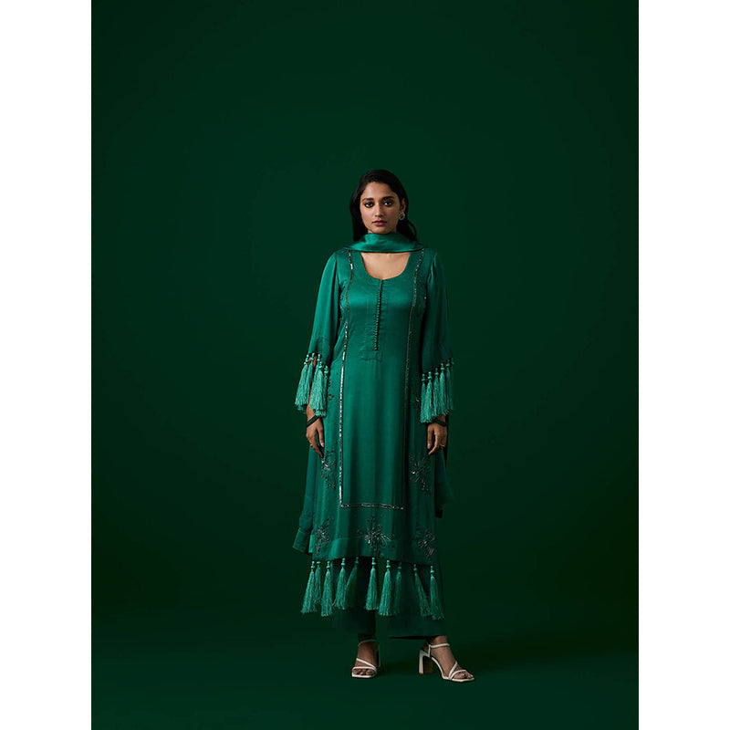 MEESA Sea Green Hand Embroidered Kurta with Palazzo with Organza Dupatta (Set of 3)