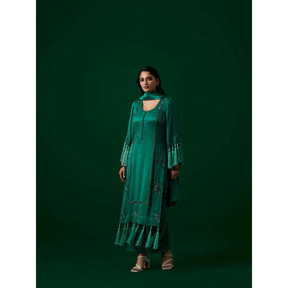 MEESA Sea Green Hand Embroidered Kurta with Palazzo with Organza Dupatta (Set of 3)