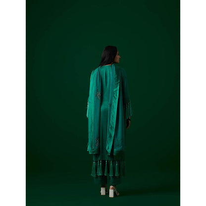 MEESA Sea Green Hand Embroidered Kurta with Palazzo with Organza Dupatta (Set of 3)