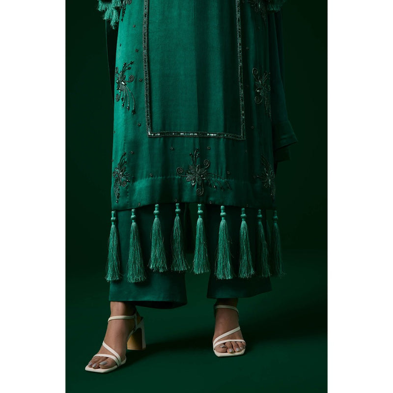 MEESA Sea Green Hand Embroidered Kurta with Palazzo with Organza Dupatta (Set of 3)