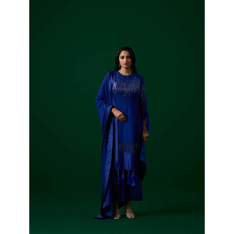 MEESA Navy Blue Hand Embellished Chanderi Silk Kurta with Palazzo with Dupatta (Set of 3)
