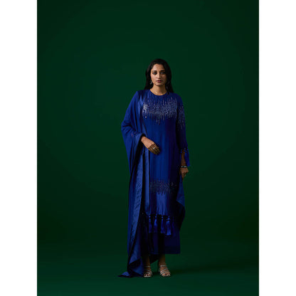 MEESA Navy Blue Hand Embellished Chanderi Silk Kurta with Palazzo with Dupatta (Set of 3)