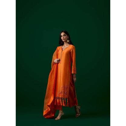 MEESA Orange Hand Embellished Chanderi Silk Kurta with Pant with Organza Dupatta (Set of 3)