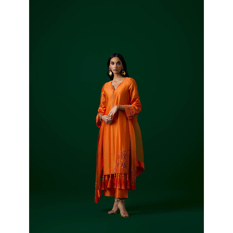 MEESA Orange Hand Embellished Chanderi Silk Kurta with Pant with Organza Dupatta (Set of 3)
