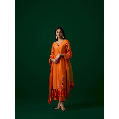 MEESA Orange Hand Embellished Chanderi Silk Kurta with Pant with Organza Dupatta (Set of 3)