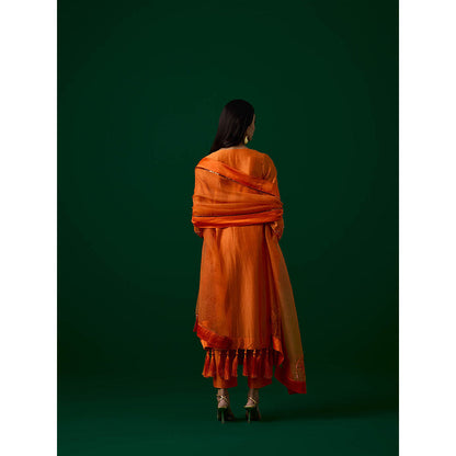 MEESA Orange Hand Embellished Chanderi Silk Kurta with Pant with Organza Dupatta (Set of 3)