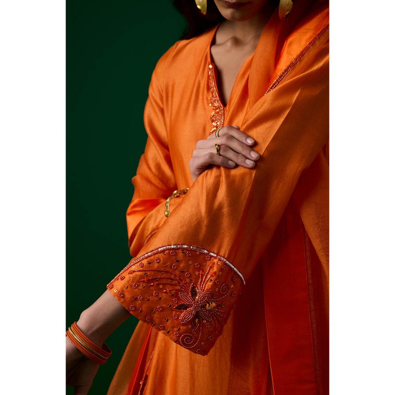 MEESA Orange Hand Embellished Chanderi Silk Kurta with Pant with Organza Dupatta (Set of 3)