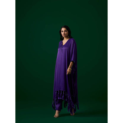 MEESA Purple Hand Embellished Orange Peel Kaftan with Pant (Set of 2)