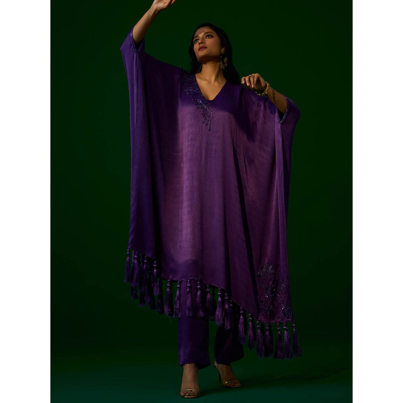 MEESA Purple Hand Embellished Orange Peel Kaftan with Pant (Set of 2)