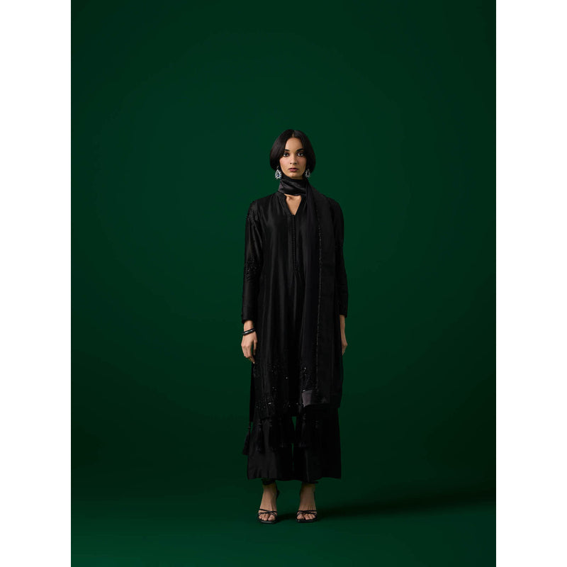 MEESA Black Hand Embroidered Chanderi Silk Kurta with Pant with Organza Dupatta (Set of 3)