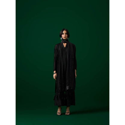 MEESA Black Hand Embroidered Chanderi Silk Kurta with Pant with Organza Dupatta (Set of 3)