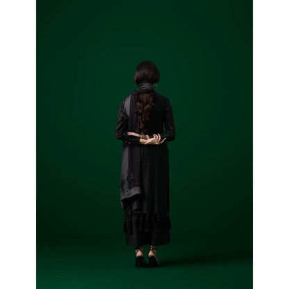 MEESA Black Hand Embroidered Chanderi Silk Kurta with Pant with Organza Dupatta (Set of 3)