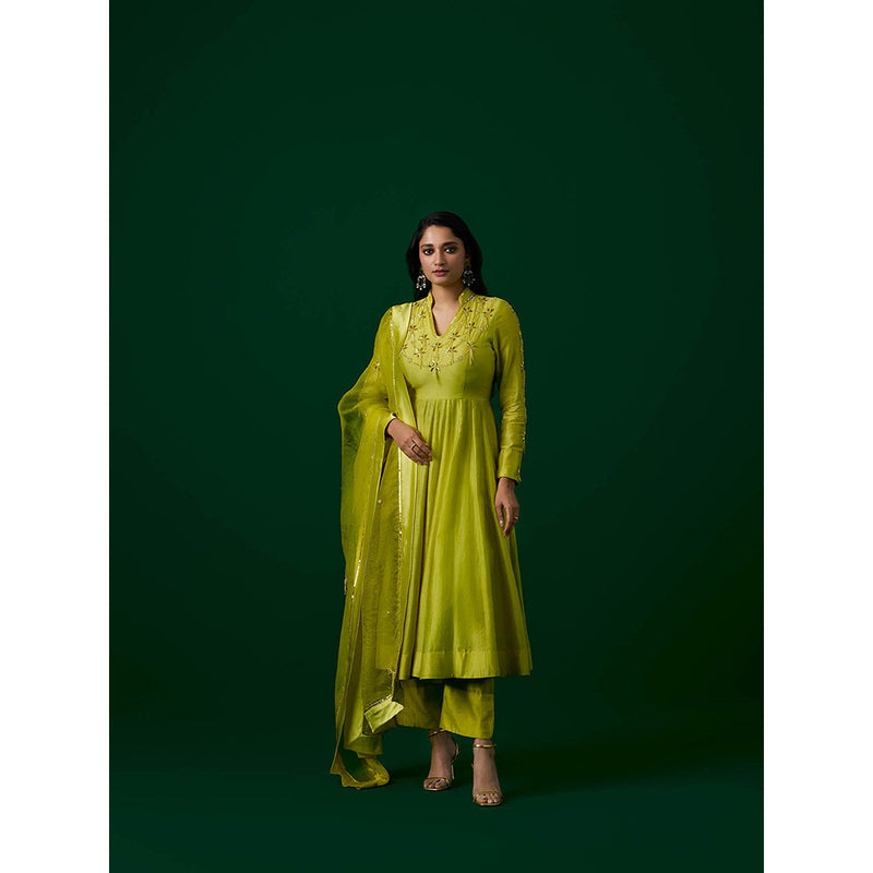 MEESA Lime Green Hand Embroidered Chanderi Silk Anarkali Kurta & Pant with Dupatta (Set of 3)
