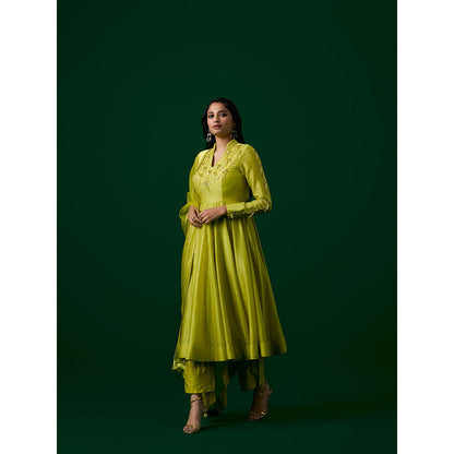 MEESA Lime Green Hand Embroidered Chanderi Silk Anarkali Kurta & Pant with Dupatta (Set of 3)