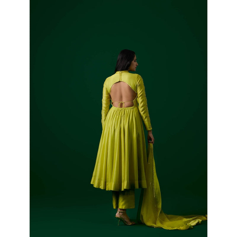 MEESA Lime Green Hand Embroidered Chanderi Silk Anarkali Kurta & Pant with Dupatta (Set of 3)