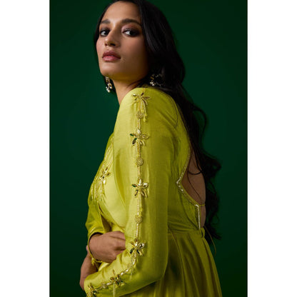 MEESA Lime Green Hand Embroidered Chanderi Silk Anarkali Kurta & Pant with Dupatta (Set of 3)