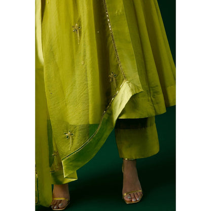 MEESA Lime Green Hand Embroidered Chanderi Silk Anarkali Kurta & Pant with Dupatta (Set of 3)