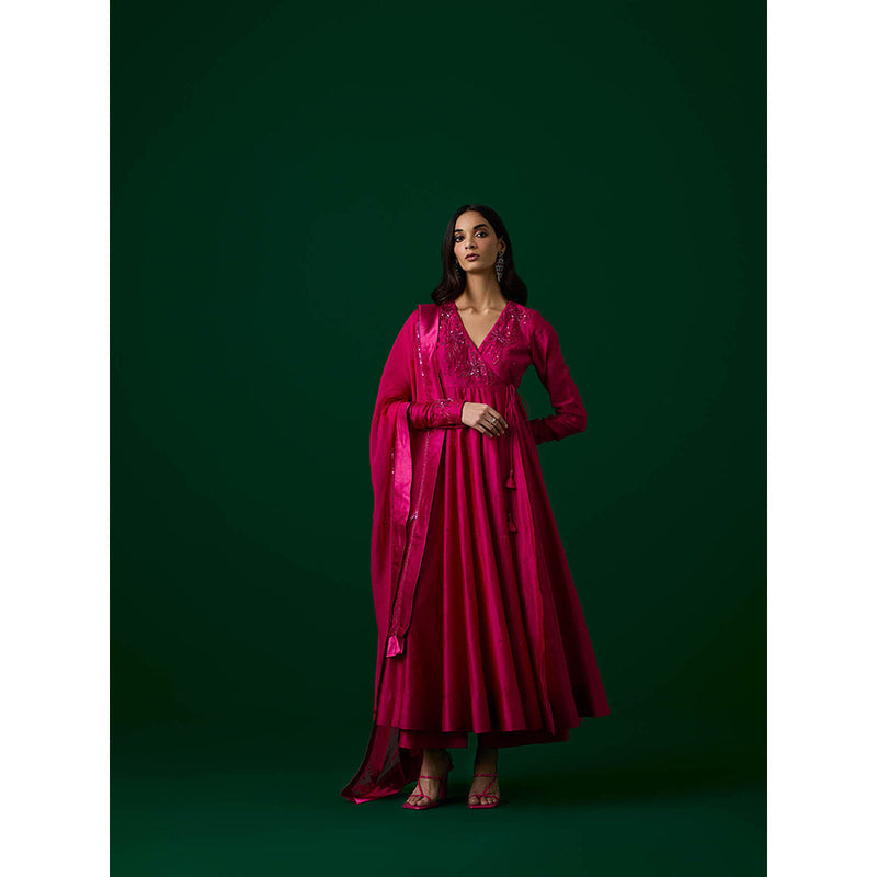 MEESA Pink Hand Embroidered Chanderi Silk Anarkali Kurta & Pant with Dupatta (Set of 3)