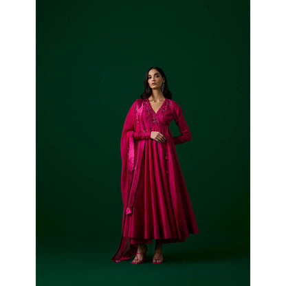 MEESA Pink Hand Embroidered Chanderi Silk Anarkali Kurta & Pant with Dupatta (Set of 3)