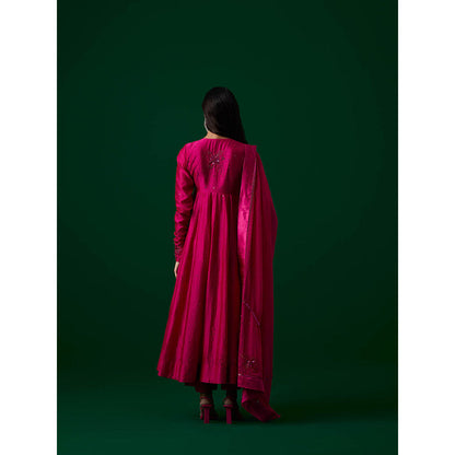 MEESA Pink Hand Embroidered Chanderi Silk Anarkali Kurta & Pant with Dupatta (Set of 3)