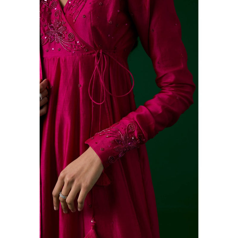 MEESA Pink Hand Embroidered Chanderi Silk Anarkali Kurta & Pant with Dupatta (Set of 3)