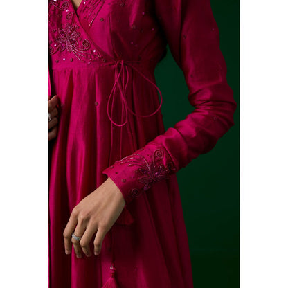 MEESA Pink Hand Embroidered Chanderi Silk Anarkali Kurta & Pant with Dupatta (Set of 3)
