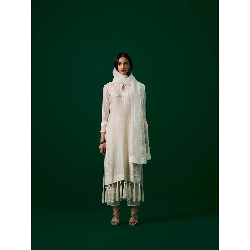 MEESA White Hand Embellished Chanderi Silk Kurta with Pant with Organza Dupatta (Set of 3)
