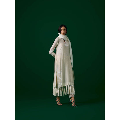MEESA White Hand Embellished Chanderi Silk Kurta with Pant with Organza Dupatta (Set of 3)