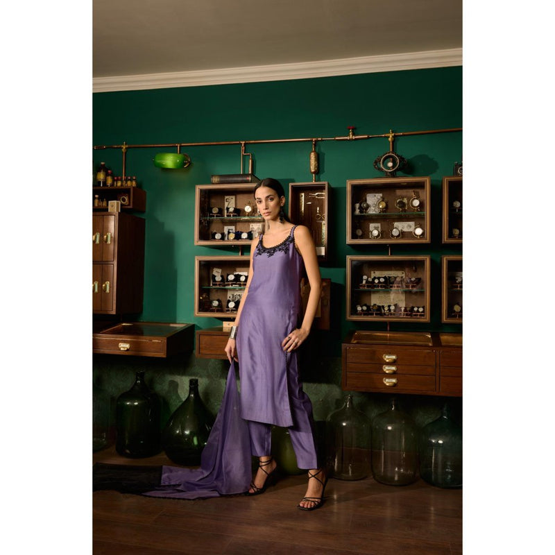 MEESA Purple Embroidered Chanderi Silk Kurta with Pant and Organza Dupatta (Set of 3)