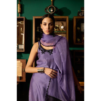 MEESA Purple Embroidered Chanderi Silk Kurta with Pant and Organza Dupatta (Set of 3)