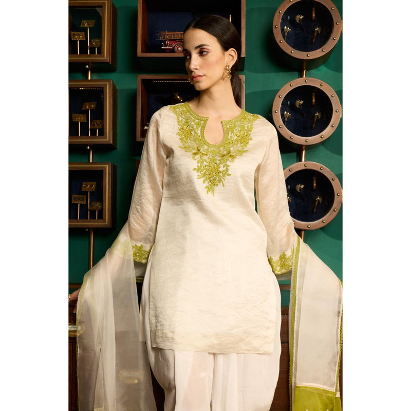 MEESA Beige Embroidered Chanderi Silk Kurta With Dhoti and Organza Dupatta (Set of 3)