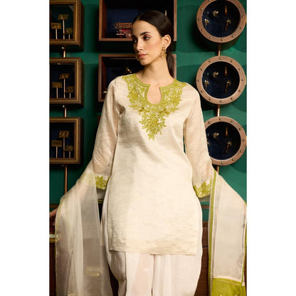 MEESA Beige Embroidered Chanderi Silk Kurta With Dhoti and Organza Dupatta (Set of 3)