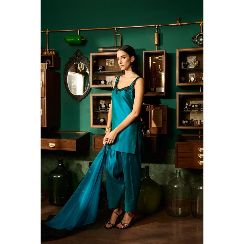 MEESA Teal Embroidered Raw Silk Kurta with Pant and Organza Dupatta (Set of 3)