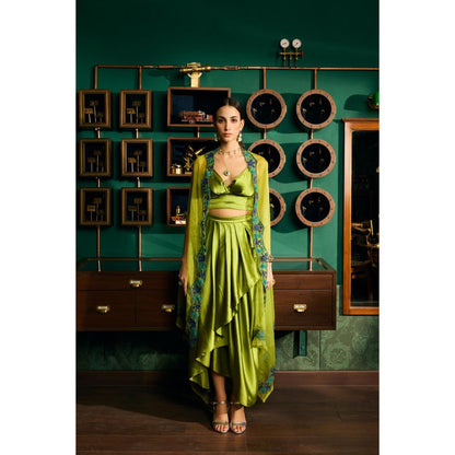 MEESA Green Embroidered Satin Organza Cape with Bustier and Skirt (Set of 3)