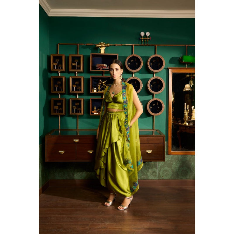 MEESA Green Embroidered Satin Organza Cape with Bustier and Skirt (Set of 3)