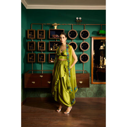 MEESA Green Embroidered Satin Organza Cape with Bustier and Skirt (Set of 3)