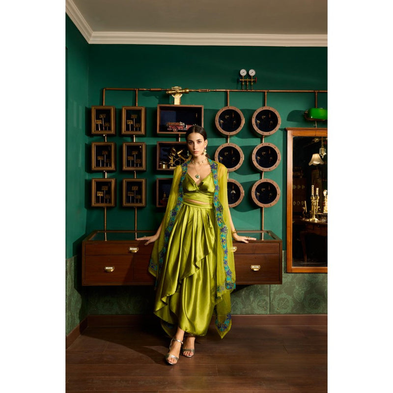 MEESA Green Embroidered Satin Organza Cape with Bustier and Skirt (Set of 3)