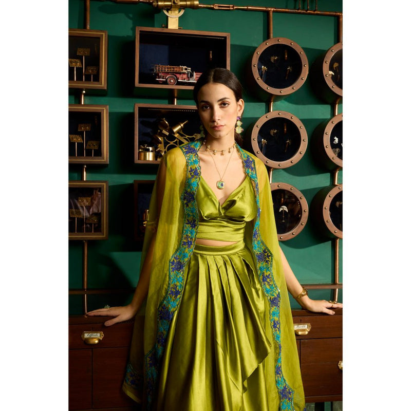 MEESA Green Embroidered Satin Organza Cape with Bustier and Skirt (Set of 3)