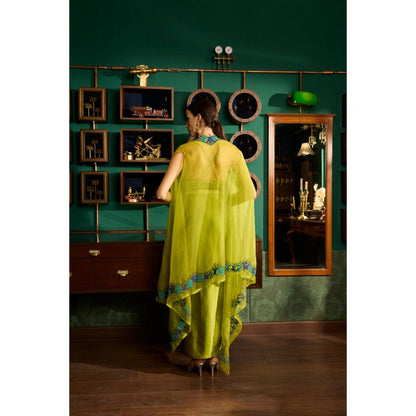 MEESA Green Embroidered Satin Organza Cape with Bustier and Skirt (Set of 3)