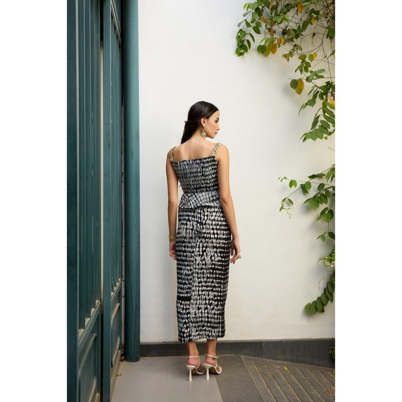 MEESA Black & White Shibori Dyed Crepe Draped Skirt with Top (Set of 2)