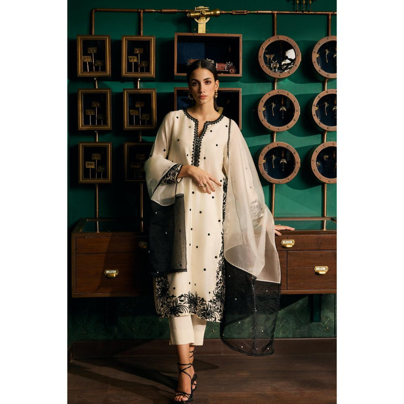 MEESA Beige Embroidered Chanderi Silk Kurta with Pant and Organza Dupatta (Set of 3)