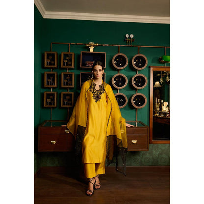 MEESA Yellow Embroidered Chanderi Silk Kurta with Pant and Organza Dupatta (Set of 3)